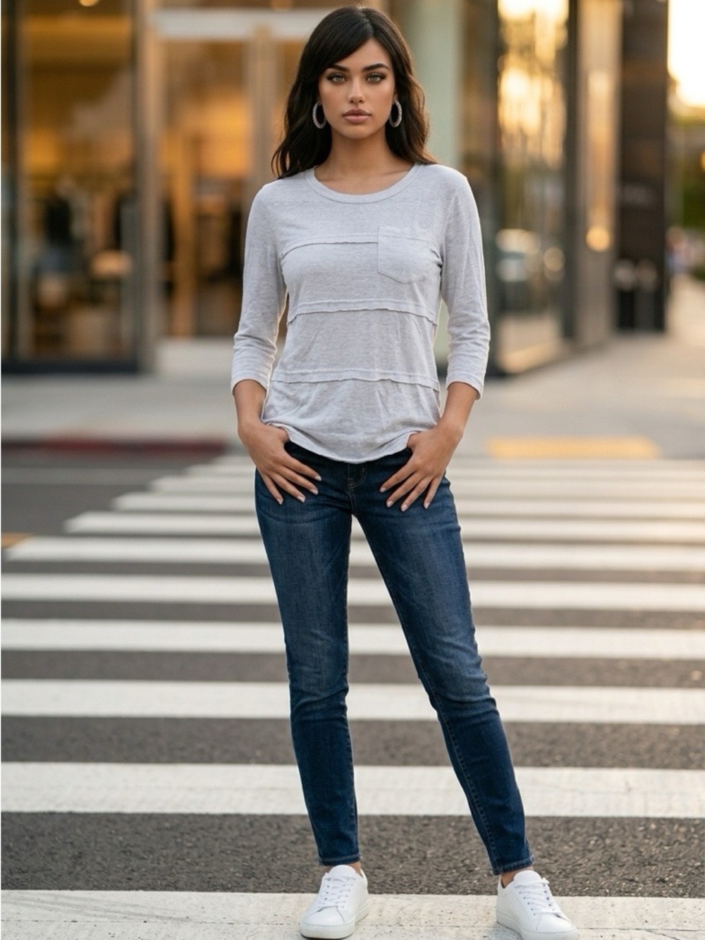 Marc by Marc Jacob’s Light Gray Long Sleeve Raw-Edge Tiered Pocket Knit Top